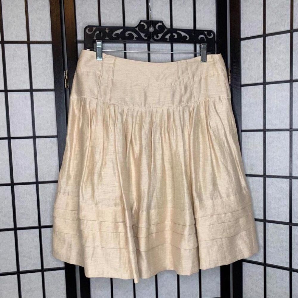 Leifsdottir Linen Blend A-Line Pleated Knee Length Skirt Metallic Gold Medium 6 - Picture 6 of 7